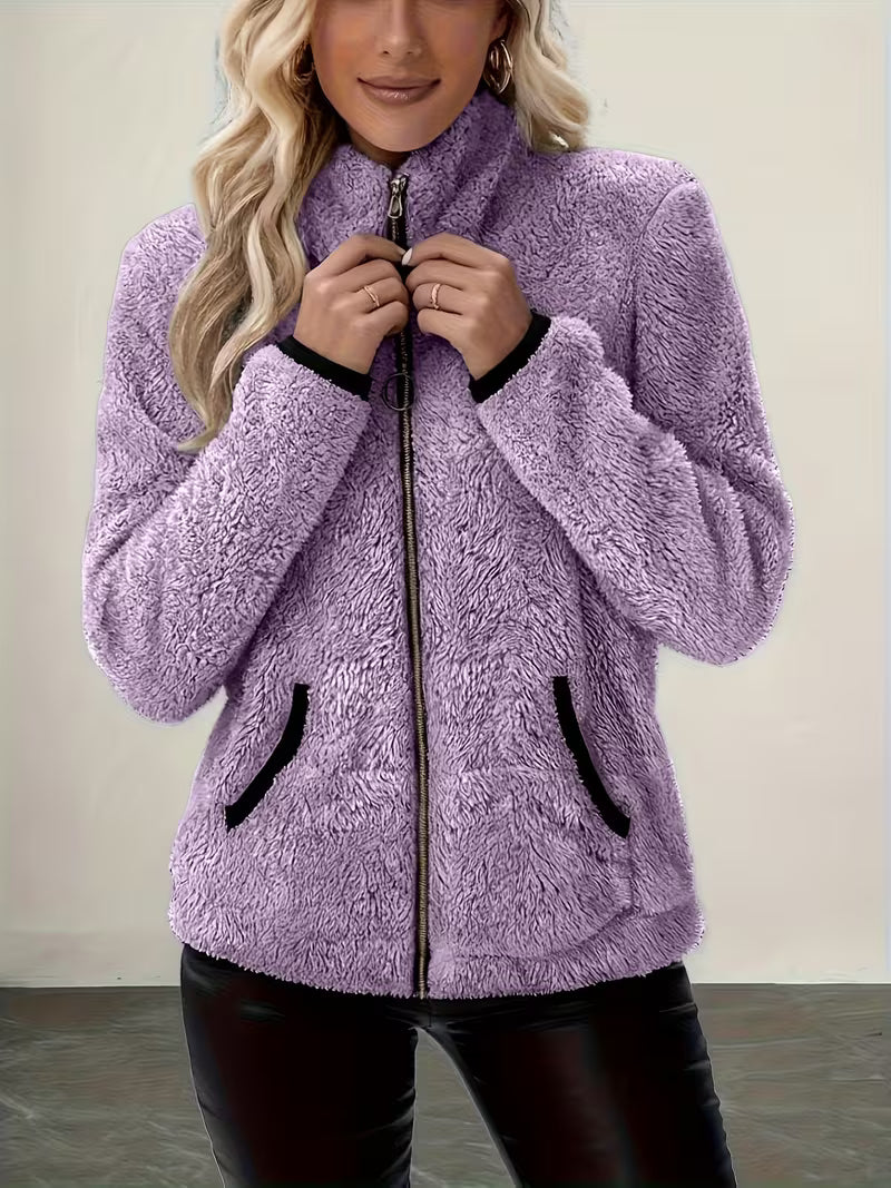 Women's Contrast Color Plush Zipper Casual Jacket