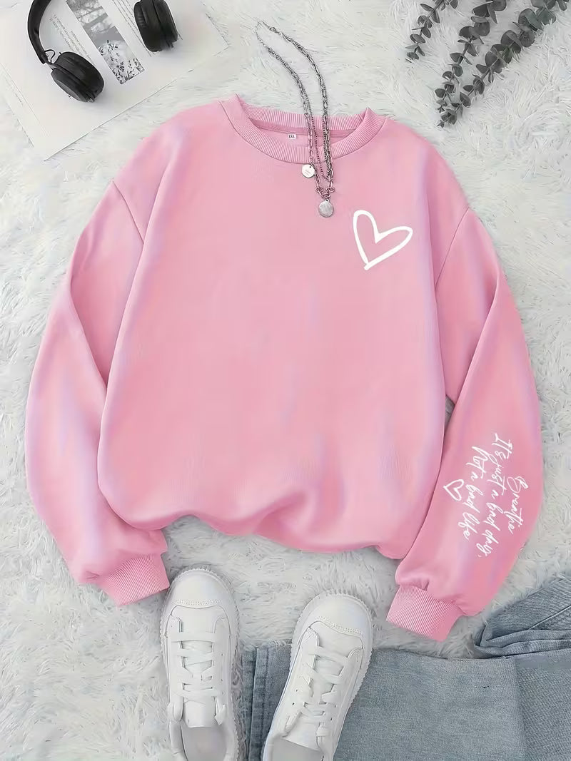 Women's Heart & Letter Print Round Neck Sweatshirt