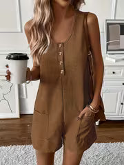 Women's Button Front Sleeveless Romper Jumpsuit