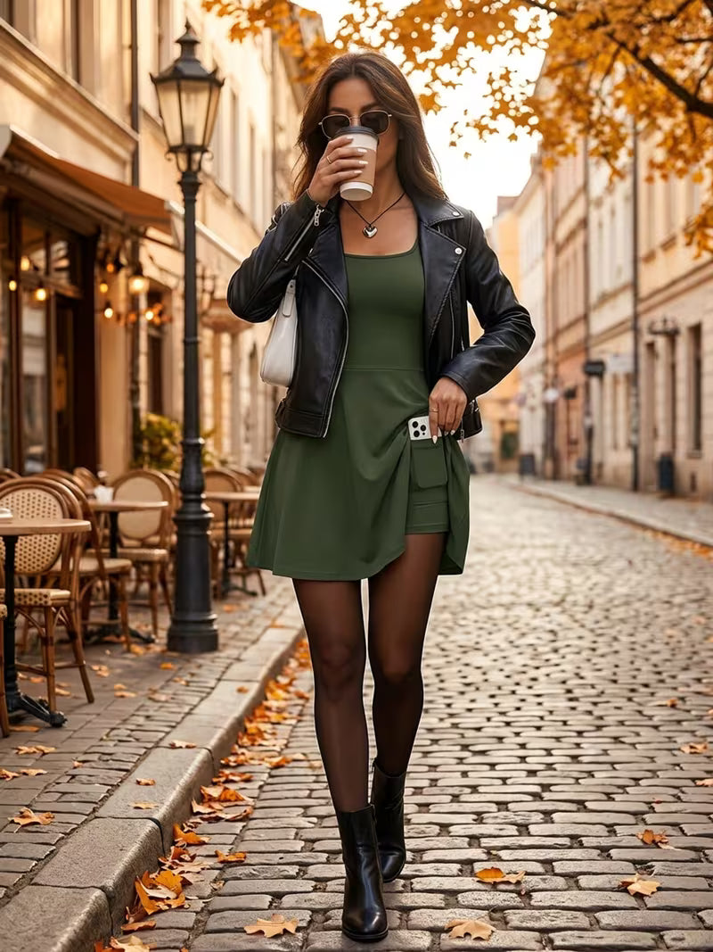 Women's Solid Color Square Neck Short Sleeve Dress