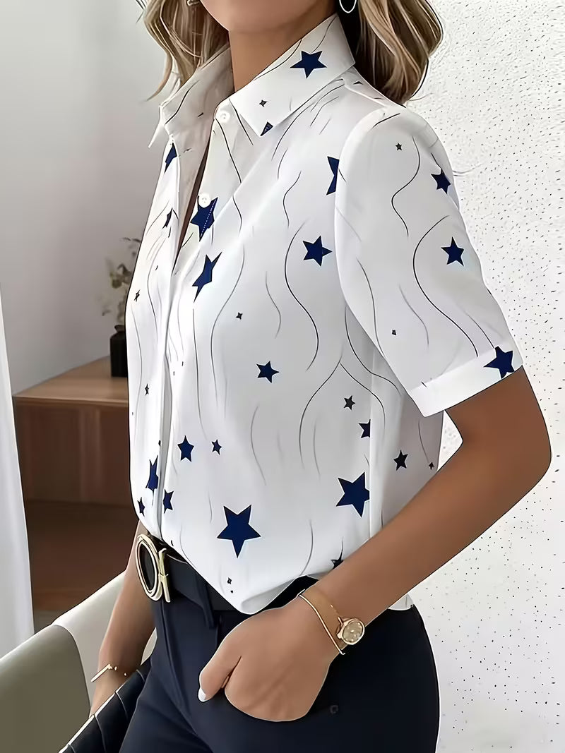 Women's Star Print Office Blouse, Short Sleeve