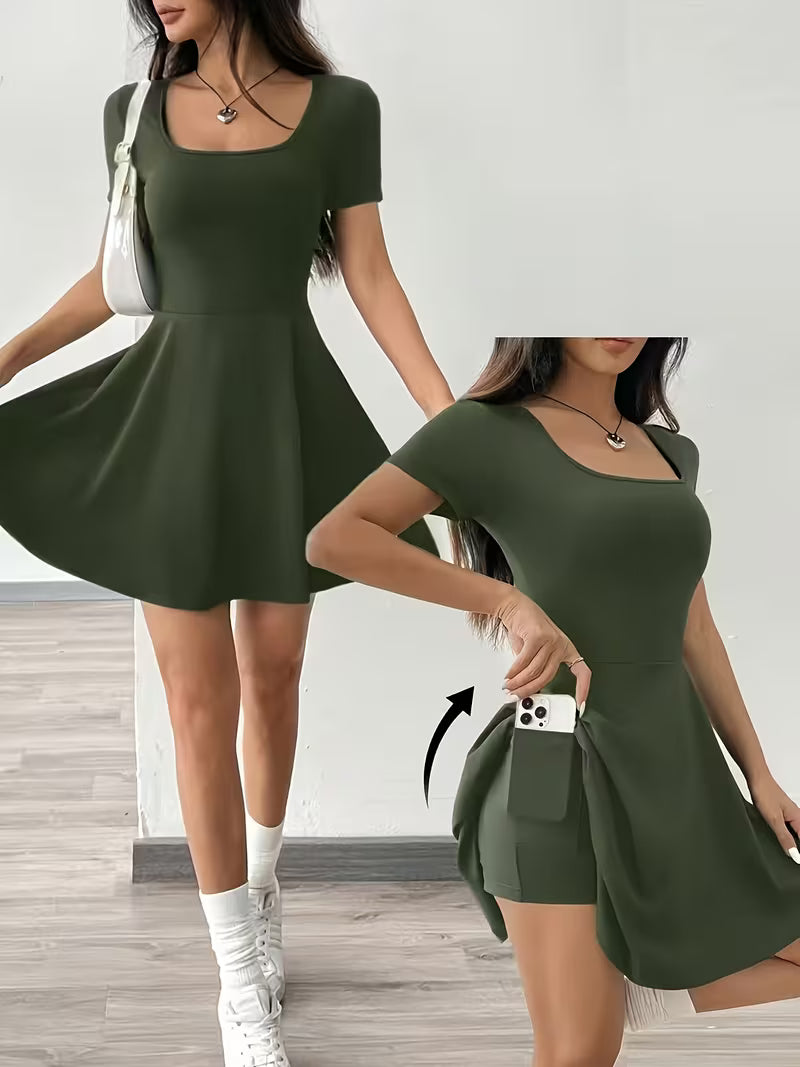 Women's Solid Color Square Neck Short Sleeve Dress