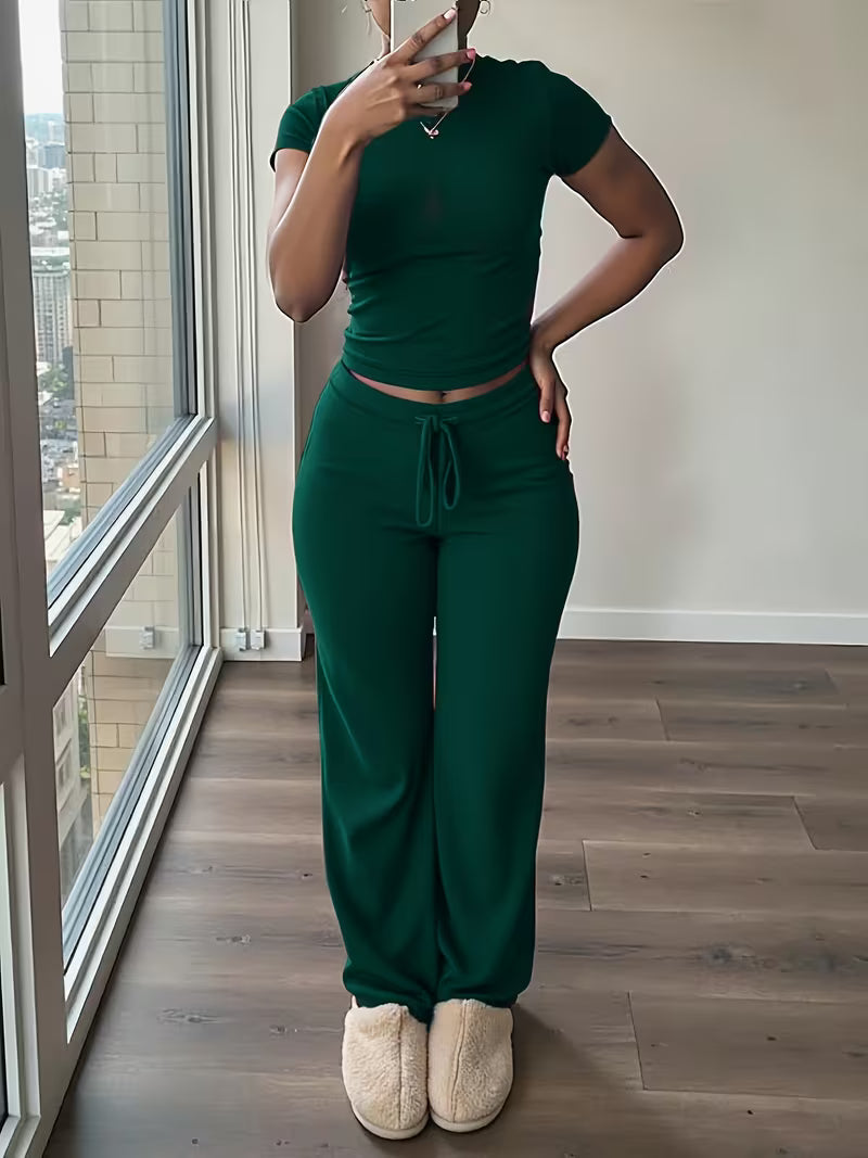 Women's Short Sleeve Top & Wide-Leg Pants Set