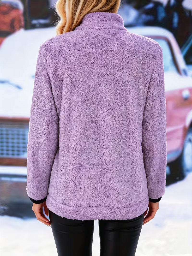 Women's Contrast Color Plush Zipper Casual Jacket
