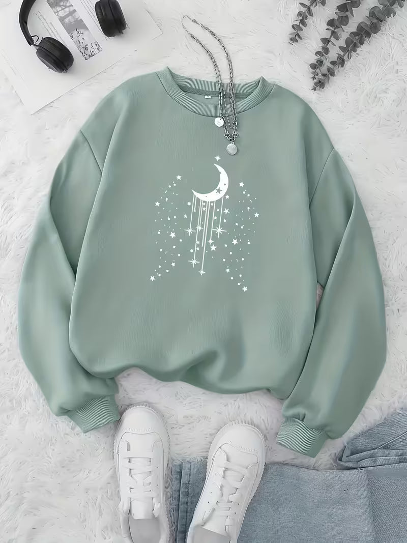 Women's Mint Green Star & Moon Print Oversized Sweater