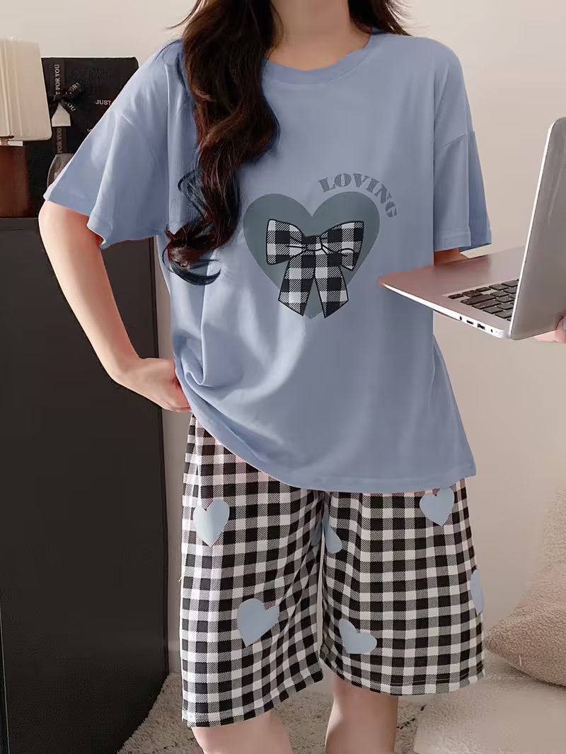 Women's Bow Tie Heart Print Pajama Set