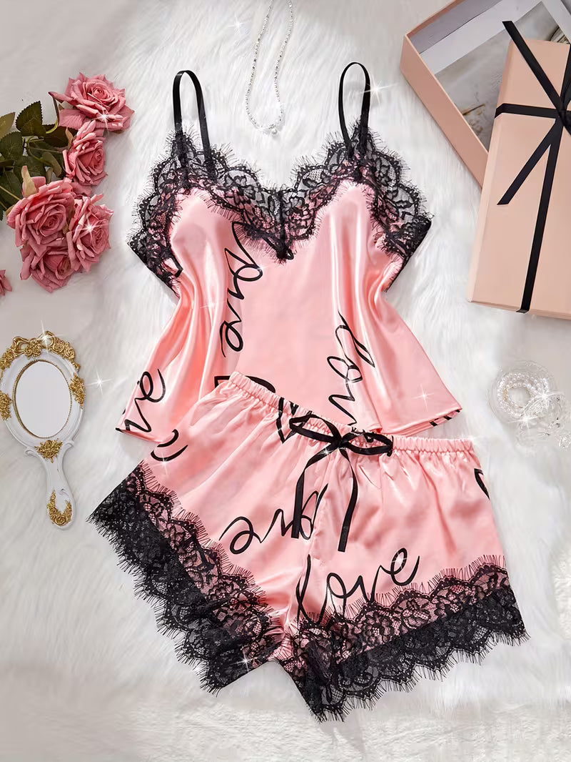 Women's Contrast Lace Letter Print Pajama Set