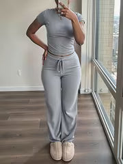 Women's Short Sleeve Top & Wide-Leg Pants Set
