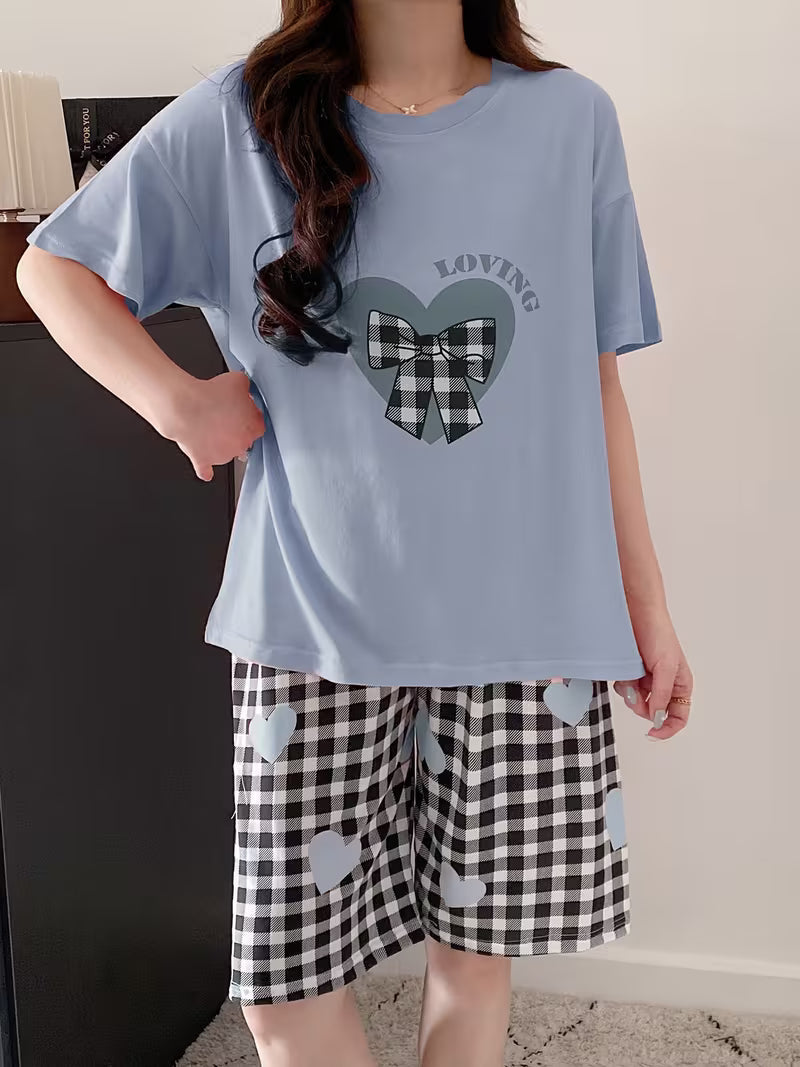 Women's Bow Tie Heart Print Pajama Set