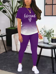 Women's Gradient Letter Print Set, Short Sleeve & Long Pants