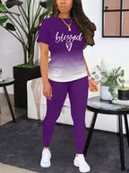 Women's Gradient Letter Print Set, Short Sleeve & Long Pants