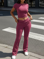 Women's Crew Neck Top & Flared Pants Set