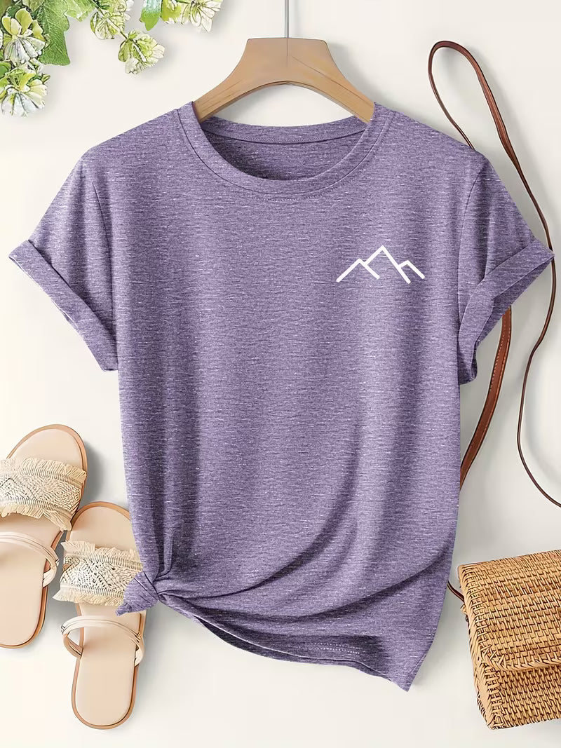 Women's Mountain Print Casual T-Shirt, Short Sleeve