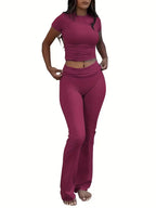 Women's Crew Neck Top & Flared Pants Set