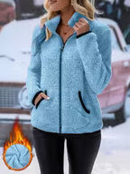 Women's Contrast Color Plush Zipper Casual Jacket