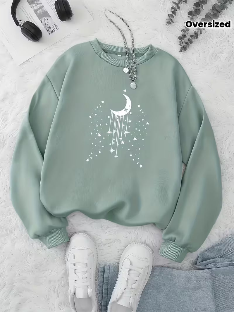 Women's Mint Green Star & Moon Print Oversized Sweater