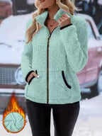 Women's Contrast Color Plush Zipper Casual Jacket