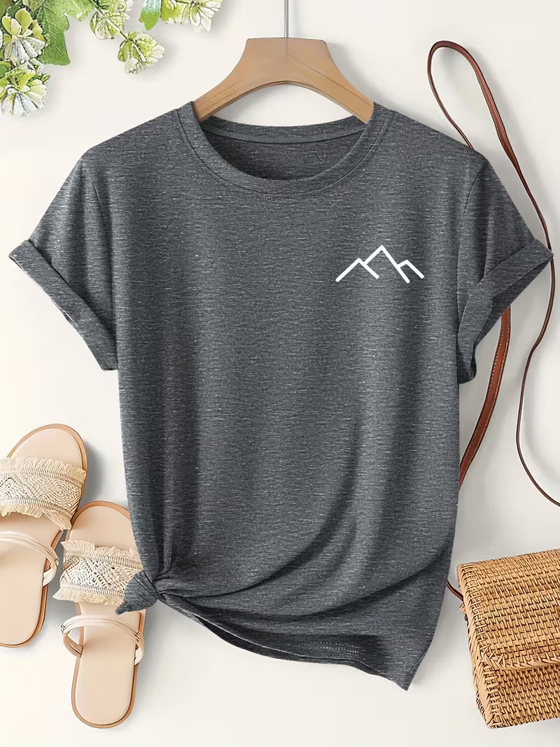 Women's Mountain Print Casual T-Shirt, Short Sleeve