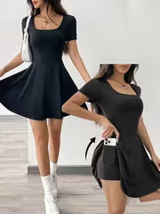 Women's Solid Color Square Neck Short Sleeve Dress