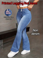 Women's Printed Faux Denim Flared Pants