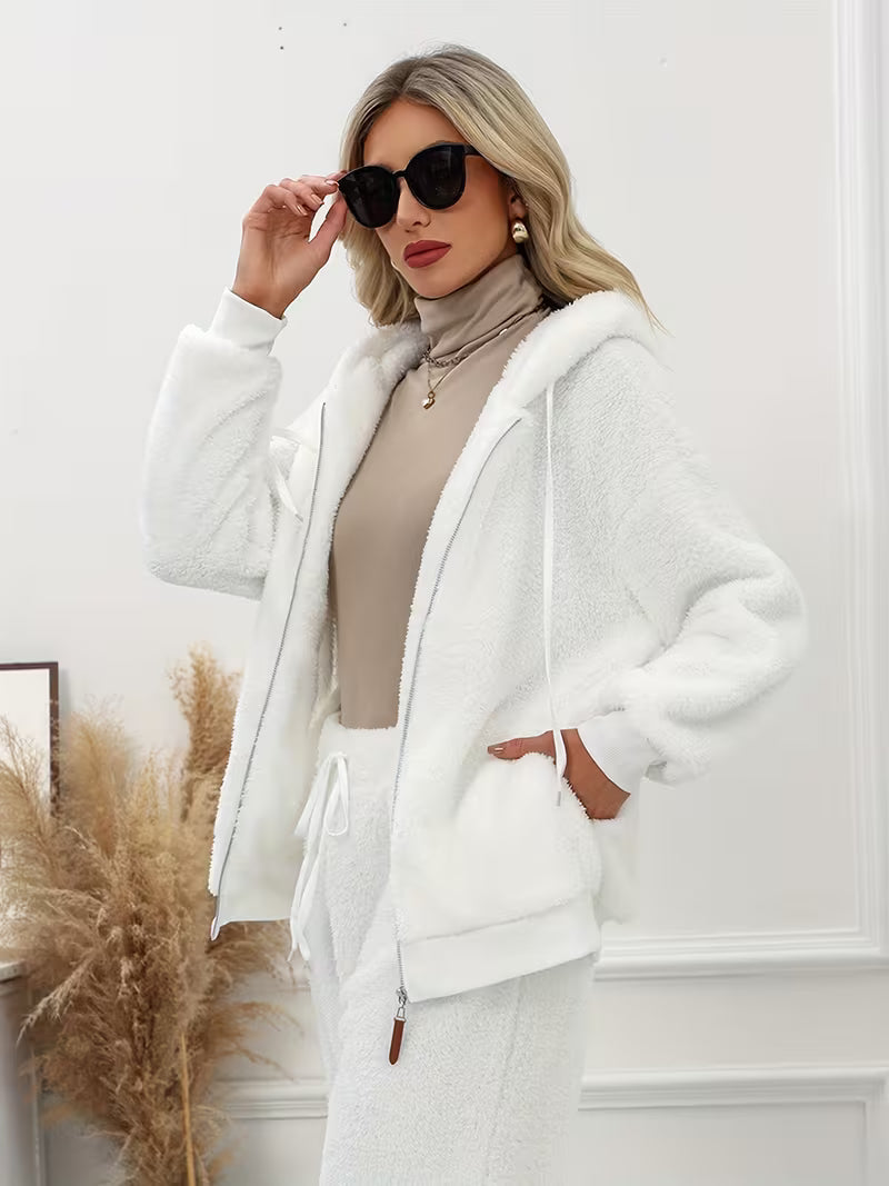 Women's Plus Size Plush Fleece Zip-Up Hooded Jacket