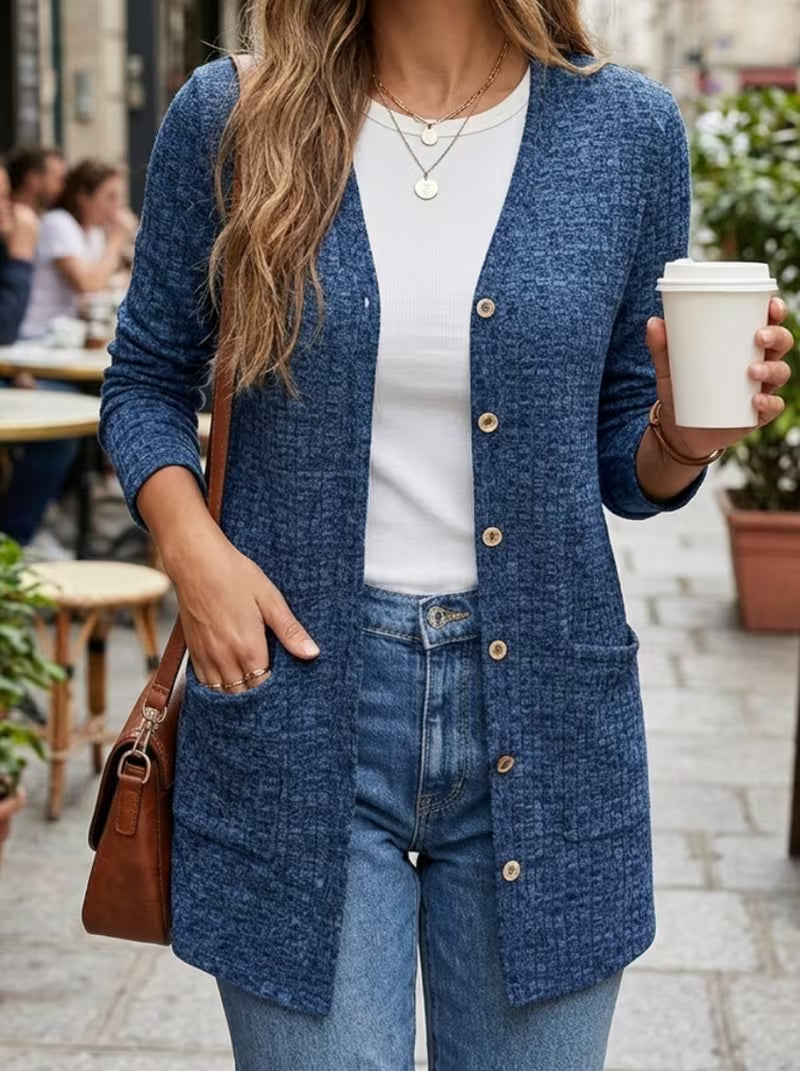 Women's Buttoned V-Neck Coat with Pockets