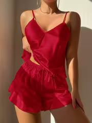 Women's Solid Color Ruffle V-Neck Pajama Set