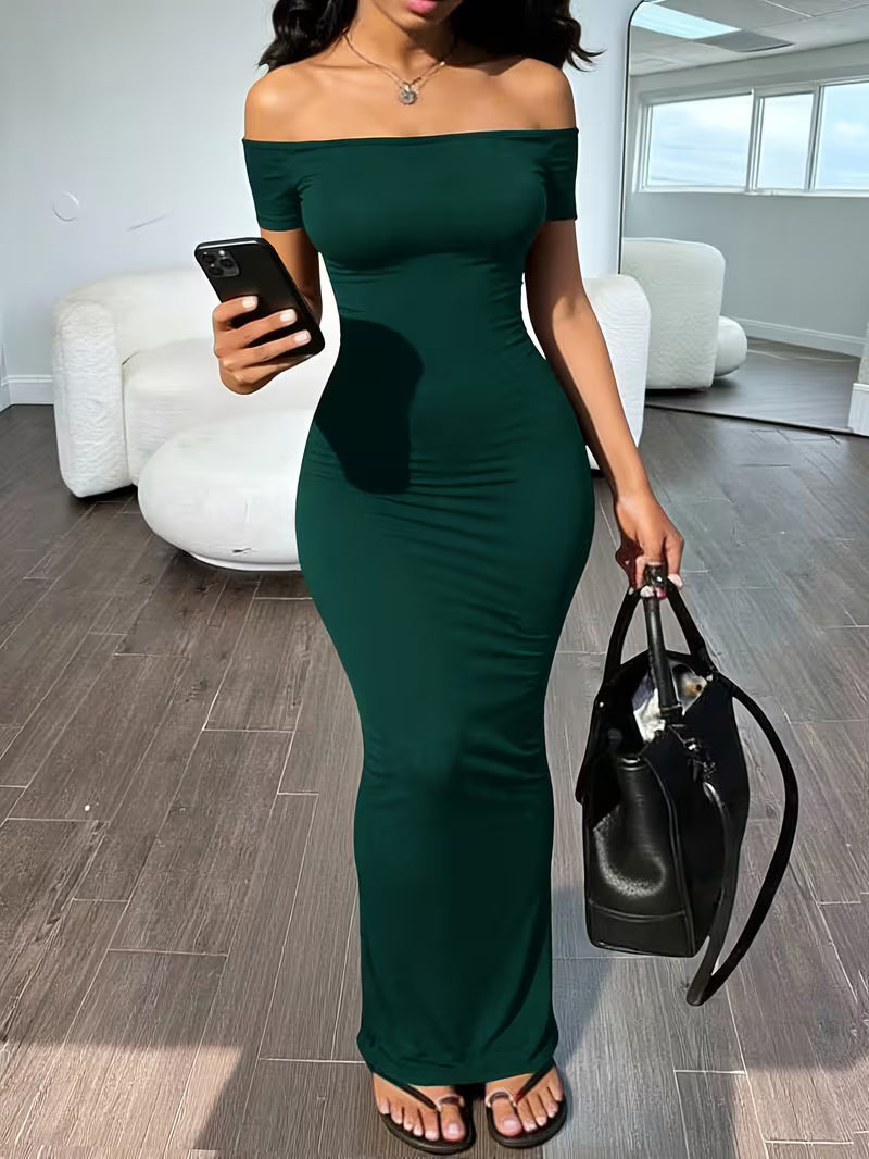 Women's Solid Color Off-Shoulder Short Sleeve Dress