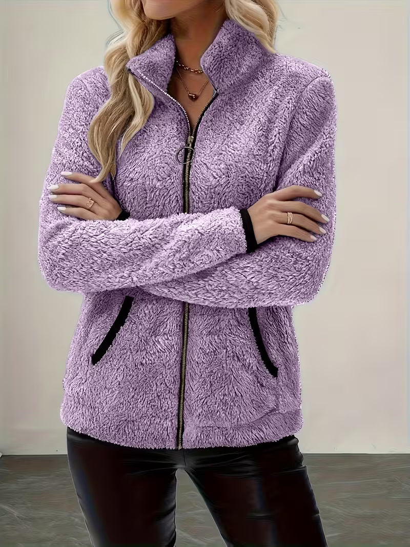 Women's Contrast Color Plush Zipper Casual Jacket
