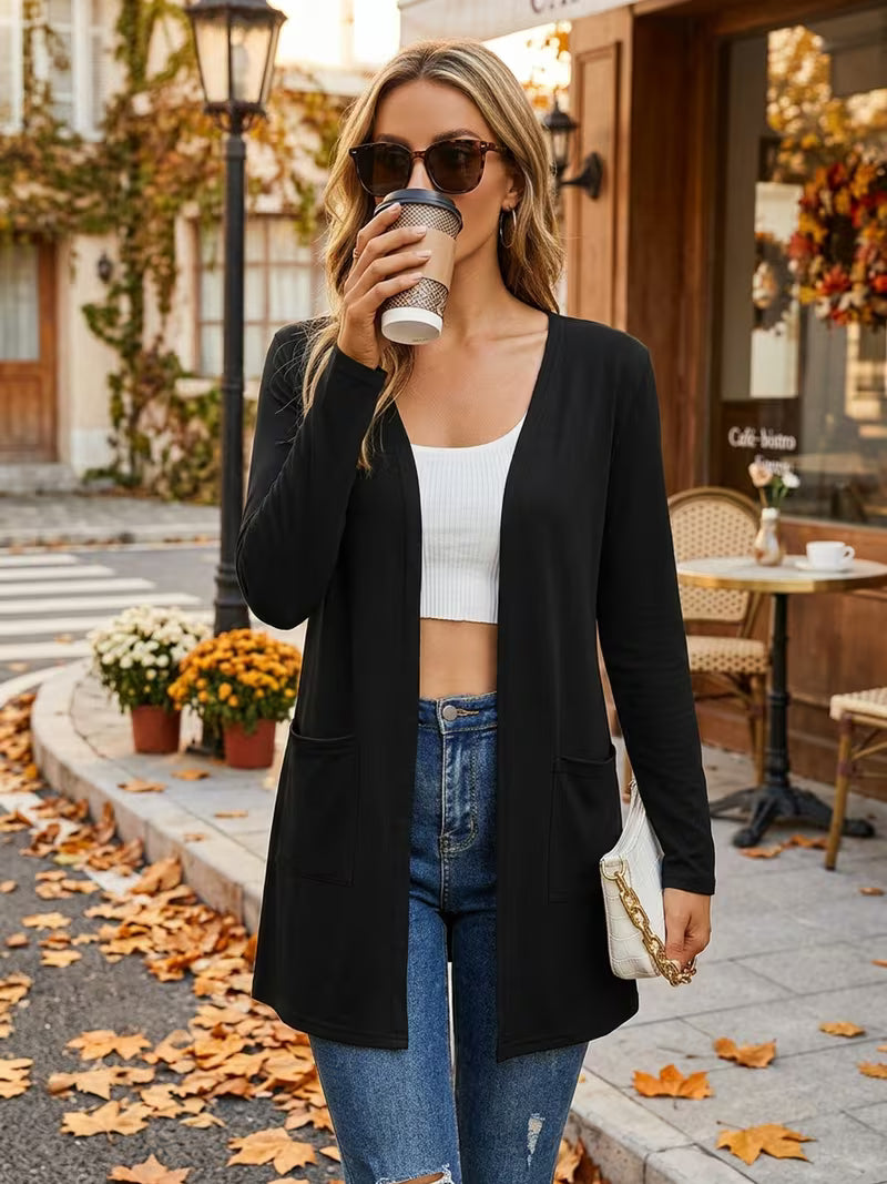 Women's Mid-Length Open-Front Cardigan, Dual Pockets
