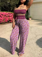 Women's Printed Tube Top Straight-Leg Jumpsuit