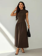 Women's Stand Collar Puff Sleeve Pleated Summer Dress