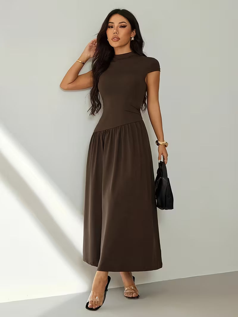 Women's Stand Collar Puff Sleeve Pleated Summer Dress