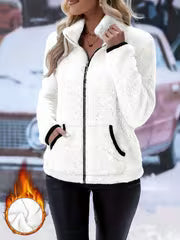 Women's Contrast Color Plush Zipper Casual Jacket
