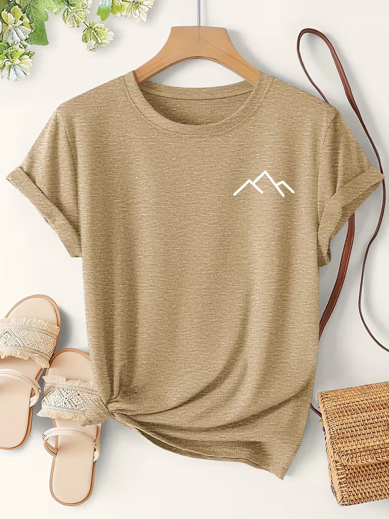 Women's Mountain Print Casual T-Shirt, Short Sleeve