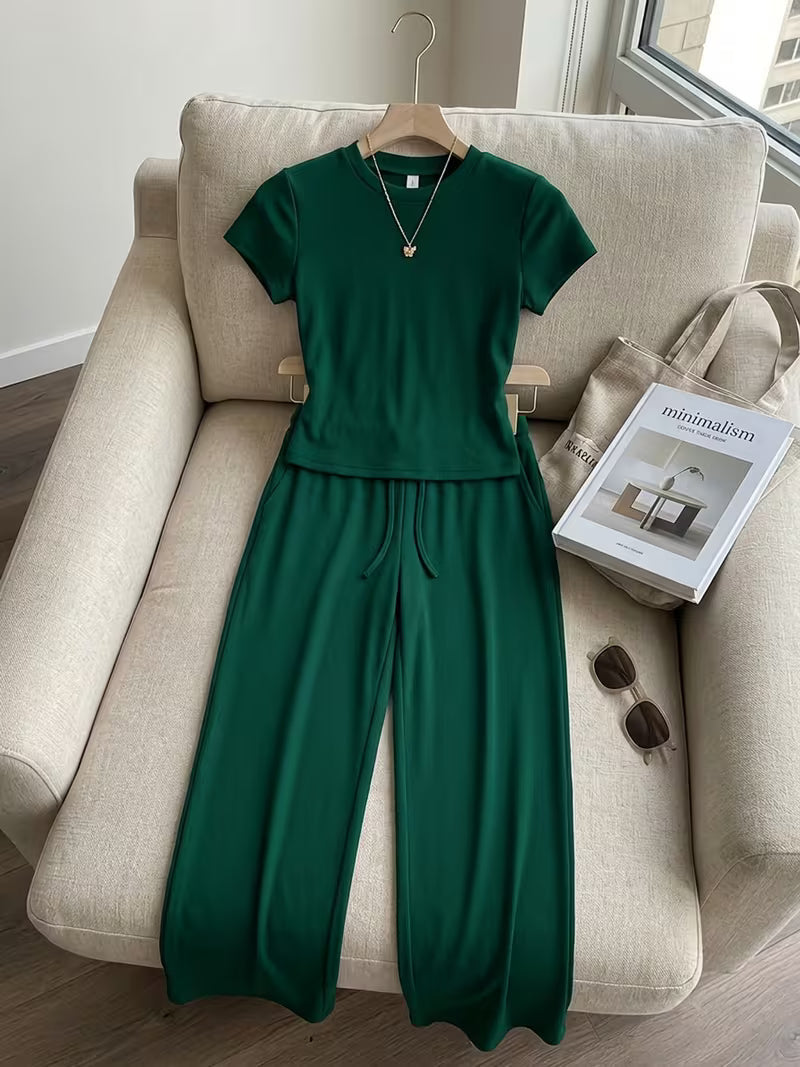Women's Short Sleeve Top & Wide-Leg Pants Set