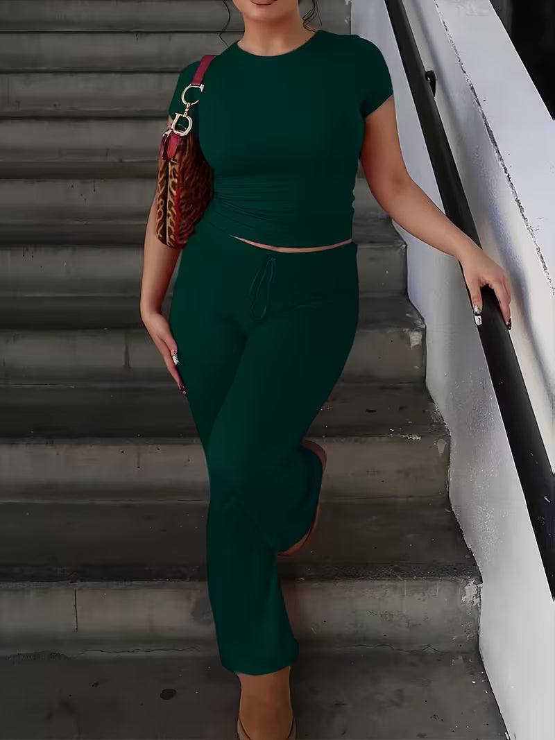 Women's Short Sleeve Top & Wide-Leg Pants Set