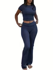Women's Crew Neck Top & Flared Pants Set