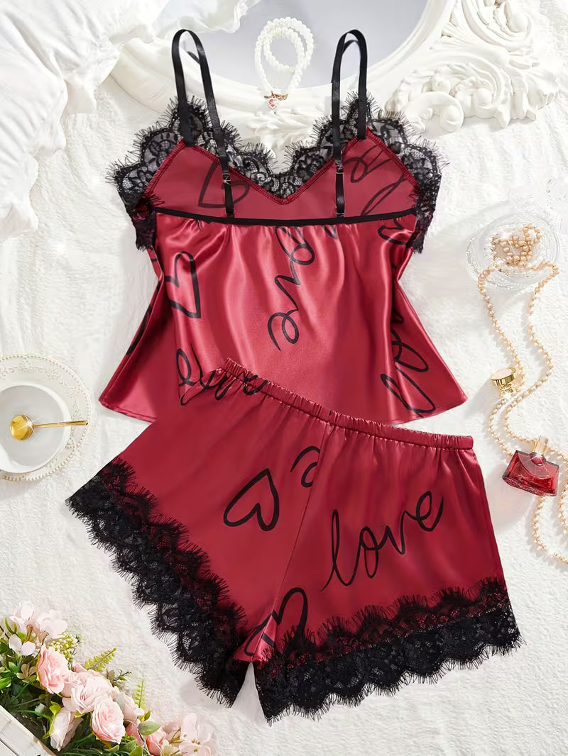 Women's Contrast Lace Letter Print Pajama Set