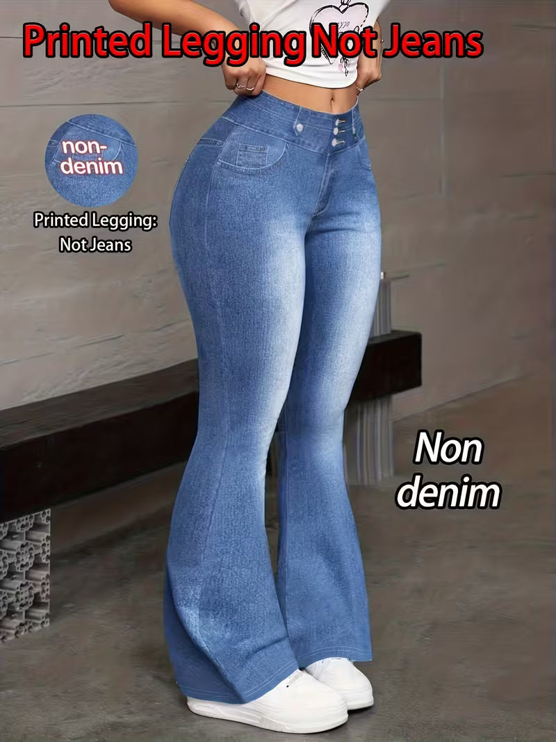 Women's Printed Faux Denim Flared Pants