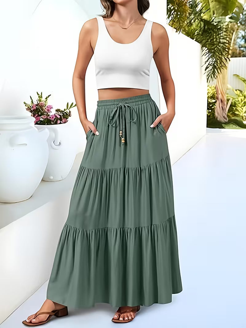 Women's Pleated High-Waist A-Line Beach Skirt