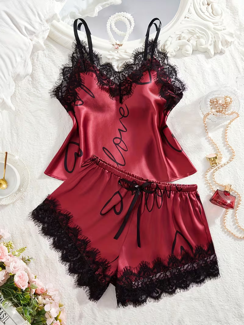 Women's Contrast Lace Letter Print Pajama Set