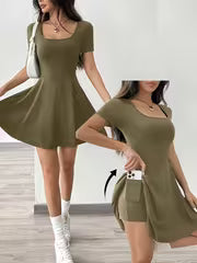 Women's Solid Color Square Neck Short Sleeve Dress