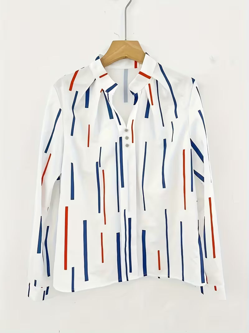 Women's Striped Long-Sleeve Shirt with Stand Collar