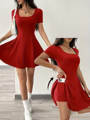 Women's Solid Color Square Neck Short Sleeve Dress