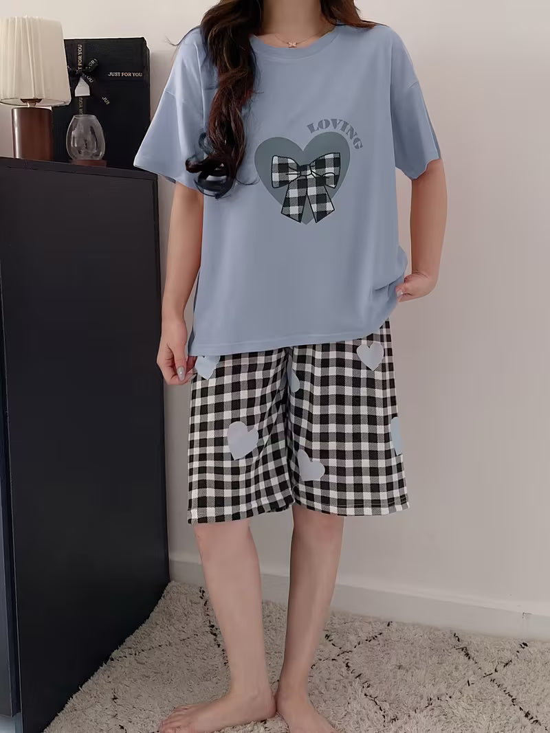 Women's Bow Tie Heart Print Pajama Set
