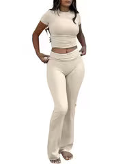Women's Crew Neck Top & Flared Pants Set