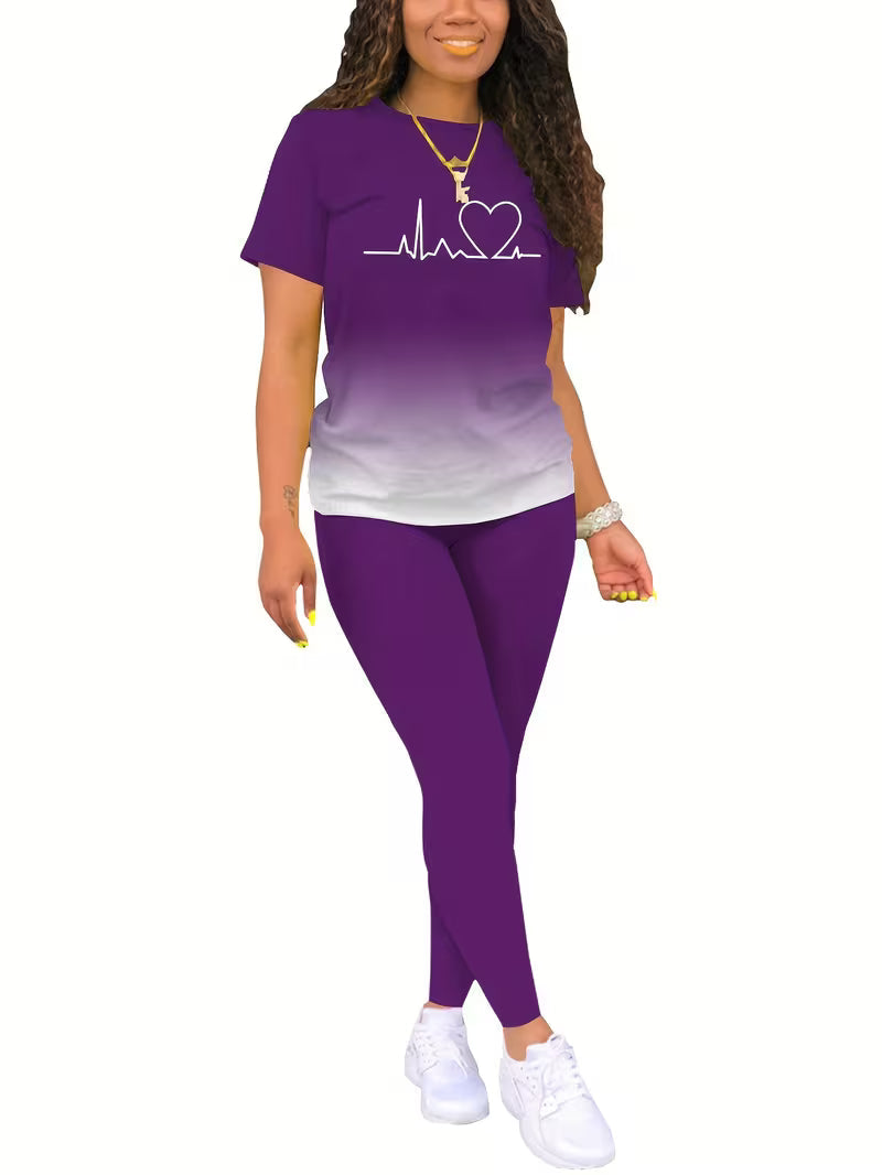 Women's Gradient Letter Print Set, Short Sleeve & Long Pants