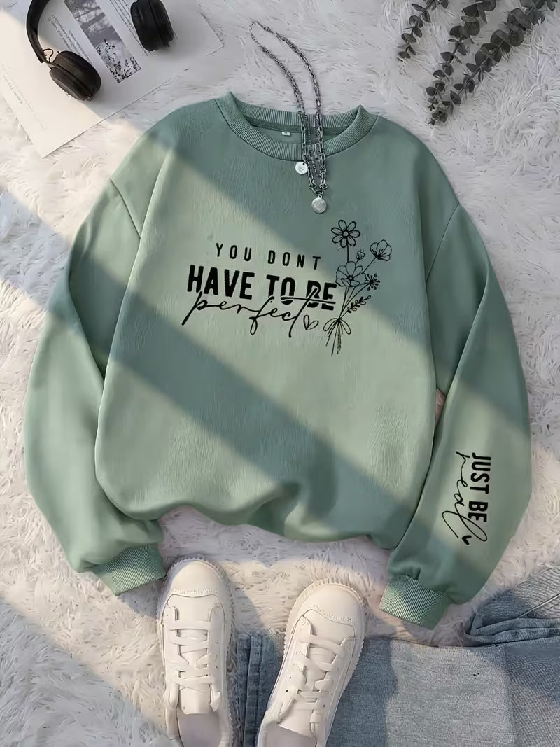 Women's Floral & Letter Print Round Neck Sweatshirt