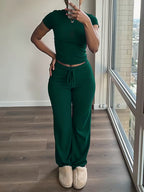 Women's Short Sleeve Top & Wide-Leg Pants Set